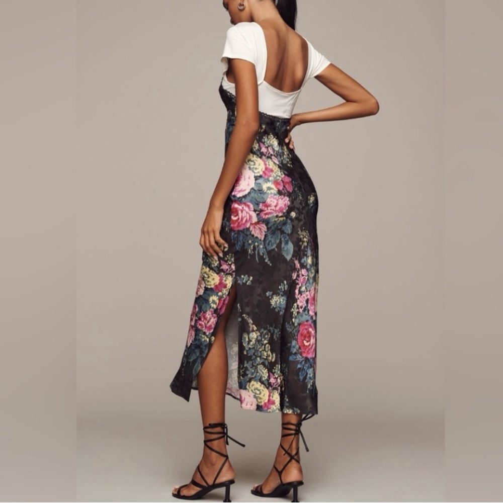 🟠NWT ANTHROPOLOGIE Twofer Midi Slip Dress in Black/Floral Print